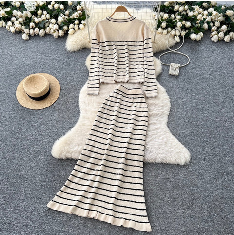 Striped Cardigan & Skirt Knitted 2Pcs
