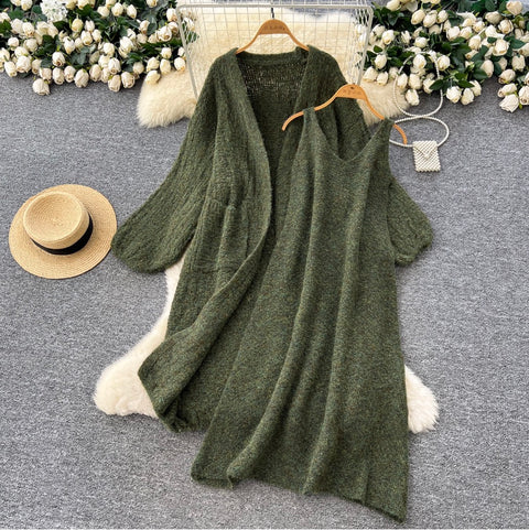 Soft Cardigan & Vest Dress 2Pcs
