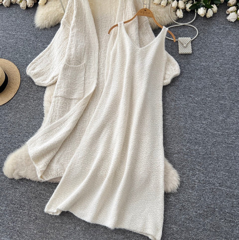 Soft Cardigan & Vest Dress 2Pcs