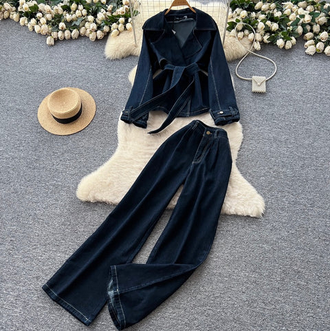Lace-up Top & Jeans Denim 2Pcs