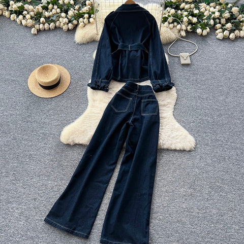 Lace-up Top & Jeans Denim 2Pcs