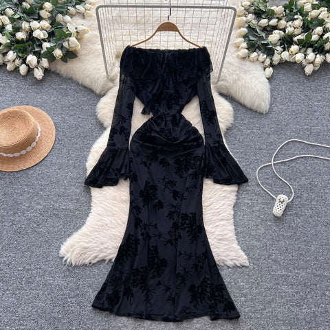 Off-shoulder Black Flocking Dress