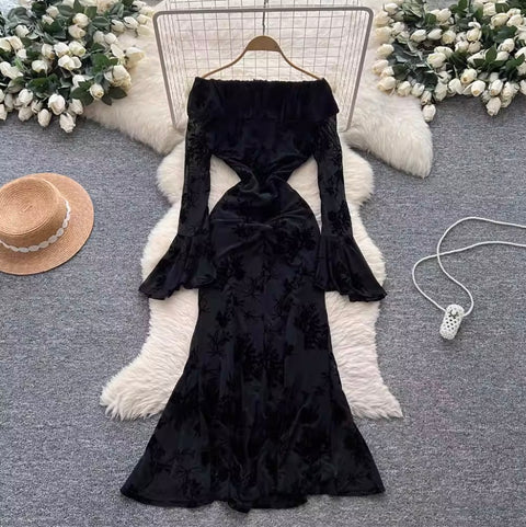 Off-shoulder Black Flocking Dress