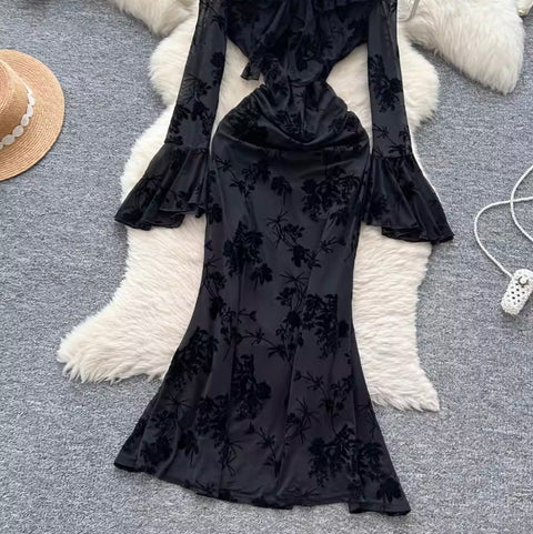 Off-shoulder Black Flocking Dress