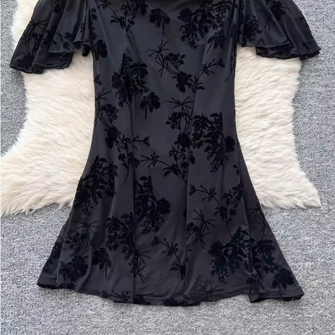 Off-shoulder Black Flocking Dress