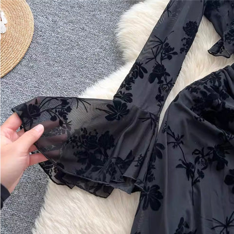 Off-shoulder Black Flocking Dress