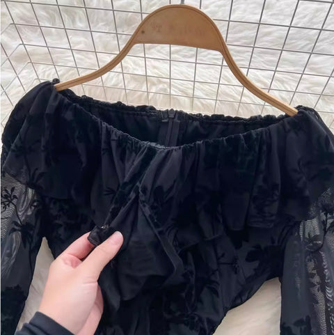 Off-shoulder Black Flocking Dress