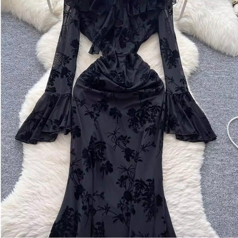 Off-shoulder Black Flocking Dress