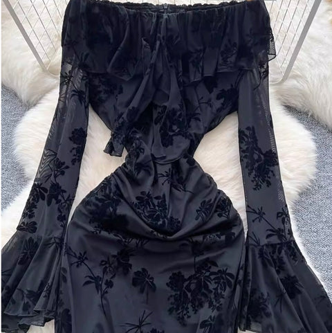 Off-shoulder Black Flocking Dress