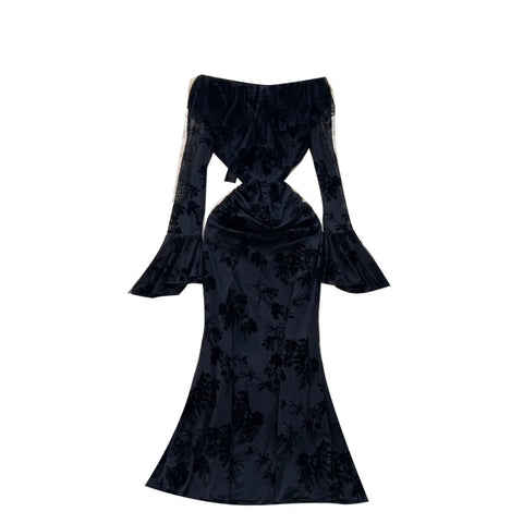 Off-shoulder Black Flocking Dress