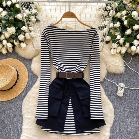 Slant-neckline Striped Dress with Skirt