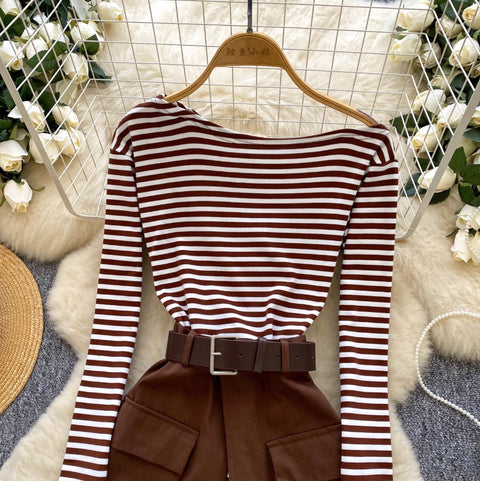 Slant-neckline Striped Dress with Skirt