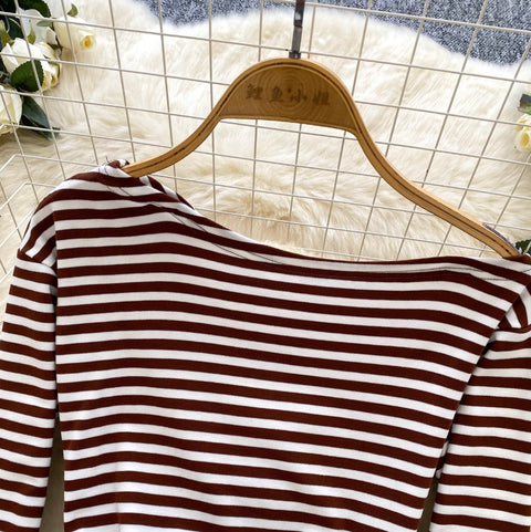 Slant-neckline Striped Dress with Skirt