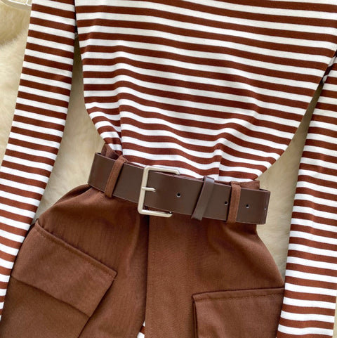 Slant-neckline Striped Dress with Skirt