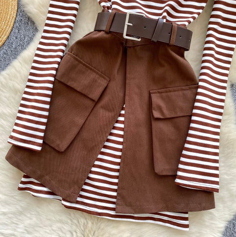 Slant-neckline Striped Dress with Skirt