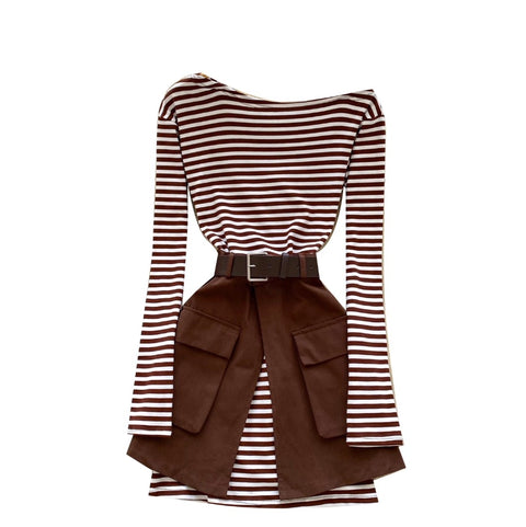 Slant-neckline Striped Dress with Skirt