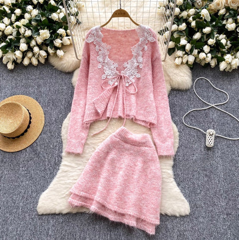 Lace Patchwork Cardigan & Skirt 2Pcs