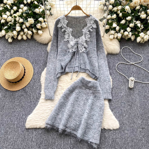 Lace Patchwork Cardigan & Skirt 2Pcs