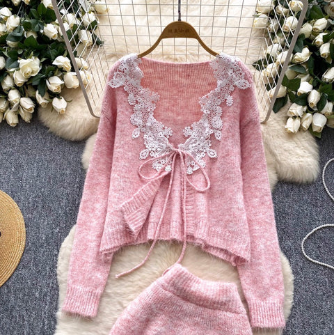 Lace Patchwork Cardigan & Skirt 2Pcs