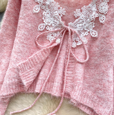 Lace Patchwork Cardigan & Skirt 2Pcs