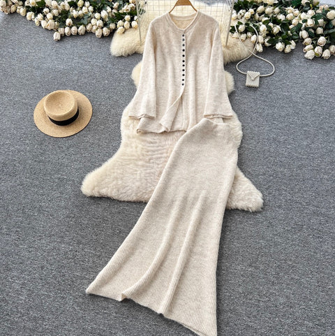 Single-breasted Cardigan & Skirt Knitted 2Pcs