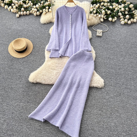 Single-breasted Cardigan & Skirt Knitted 2Pcs