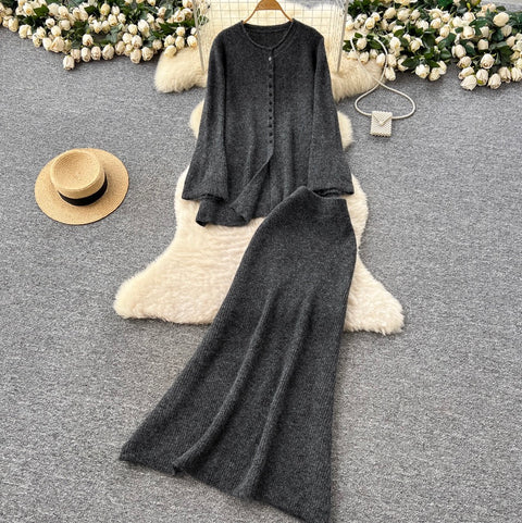 Single-breasted Cardigan & Skirt Knitted 2Pcs