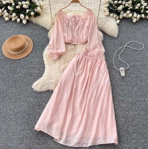 Lace-up Shirt & Half-body Skirt 2Pcs