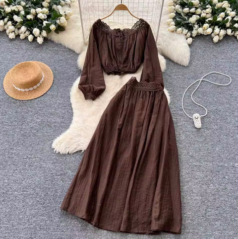 Lace-up Shirt & Half-body Skirt 2Pcs