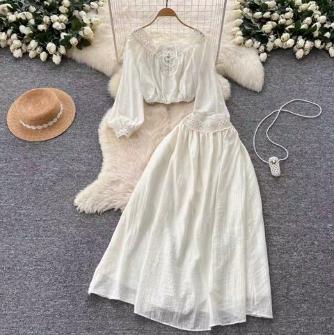 Lace-up Shirt & Half-body Skirt 2Pcs