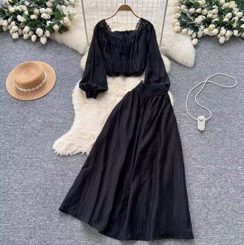 Lace-up Shirt & Half-body Skirt 2Pcs