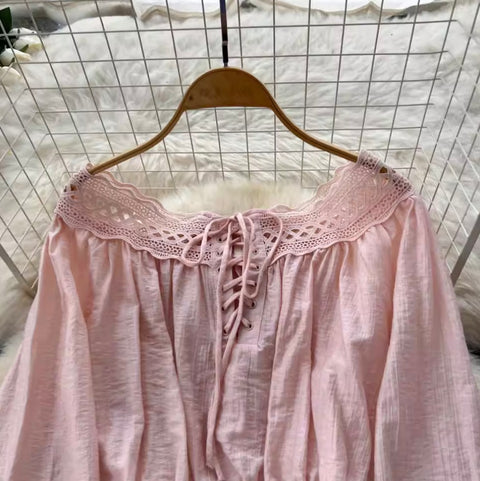 Lace-up Shirt & Half-body Skirt 2Pcs