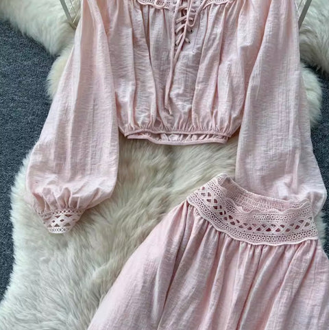 Lace-up Shirt & Half-body Skirt 2Pcs