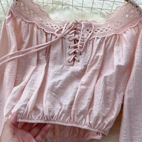 Lace-up Shirt & Half-body Skirt 2Pcs