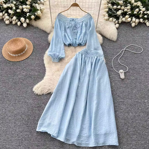 Lace-up Shirt & Half-body Skirt 2Pcs