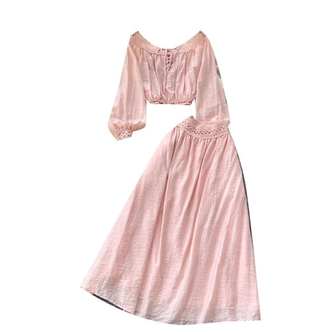 Lace-up Shirt & Half-body Skirt 2Pcs