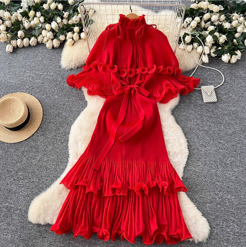 High-end Stand Collar Ruffled Dress