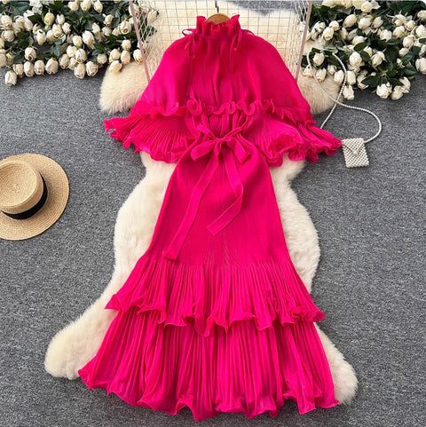 High-end Stand Collar Ruffled Dress