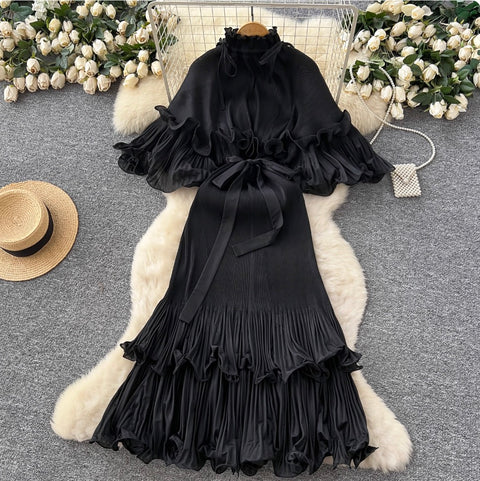 High-end Stand Collar Ruffled Dress
