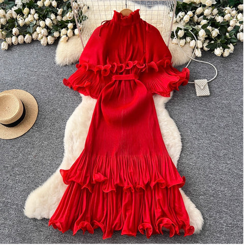 High-end Stand Collar Ruffled Dress