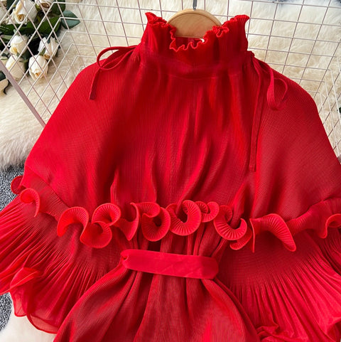 High-end Stand Collar Ruffled Dress