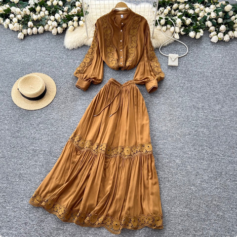 Courtly Shirt & Skirt Lace Patchwork 2Pcs