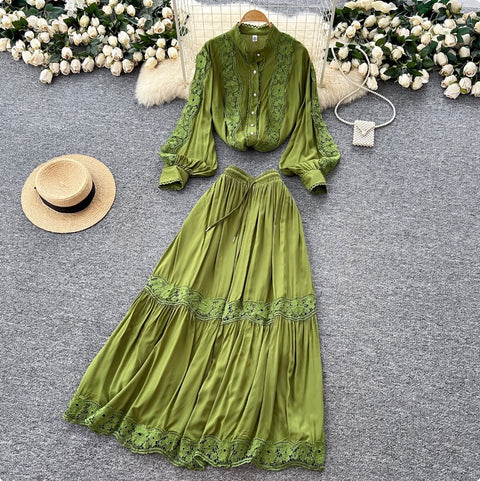 Courtly Shirt & Skirt Lace Patchwork 2Pcs