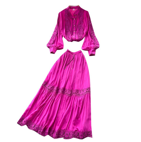 Courtly Shirt & Skirt Lace Patchwork 2Pcs