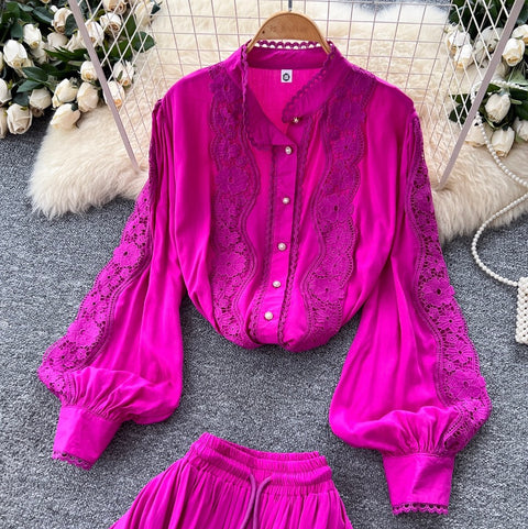 Courtly Shirt & Skirt Lace Patchwork 2Pcs
