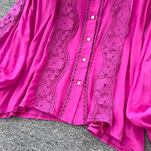 Courtly Shirt & Skirt Lace Patchwork 2Pcs