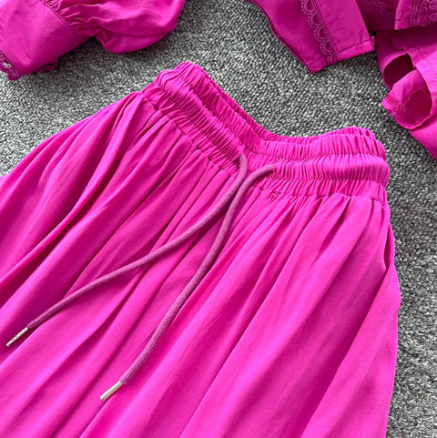 Courtly Shirt & Skirt Lace Patchwork 2Pcs