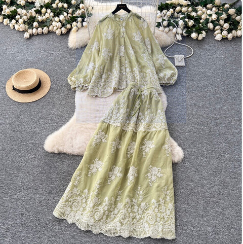 Embroidery Shirt & Half-body Skirt 2Pcs