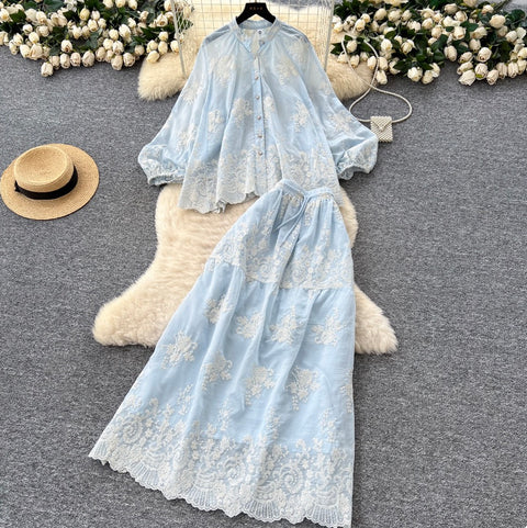 Embroidery Shirt & Half-body Skirt 2Pcs