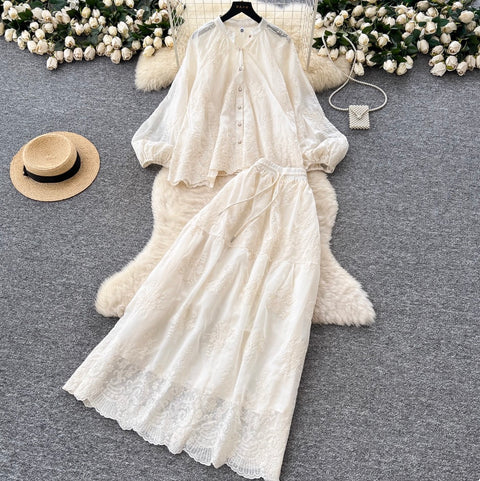 Embroidery Shirt & Half-body Skirt 2Pcs
